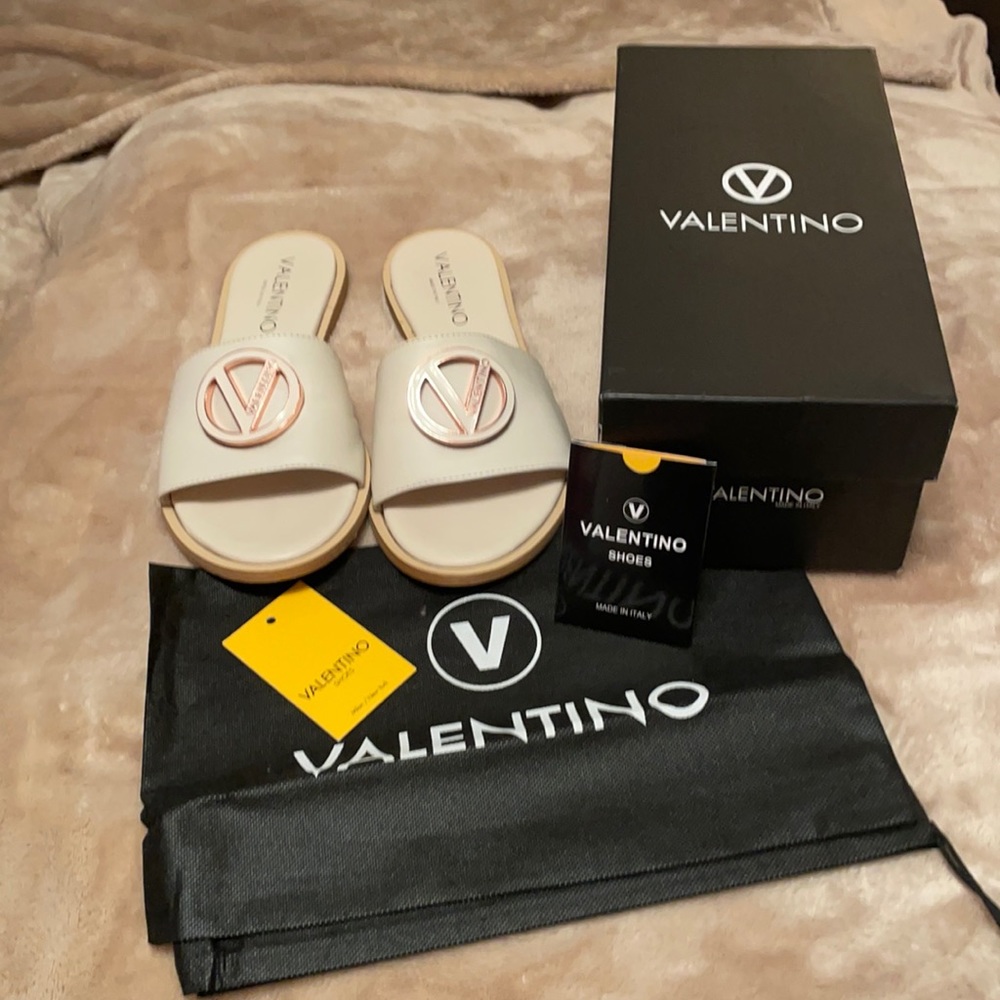 Valentino Cream Slide Sandals with Rose Gold Logo